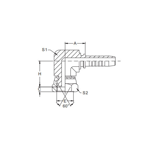 22691K-90° BSPP Короткая внутренняя резьба, конус 60°